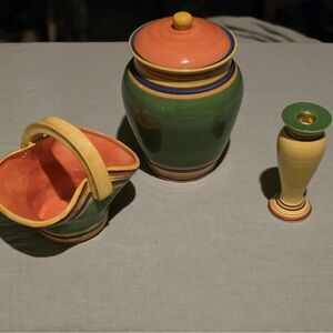 Pacific Rim Santa Fe Hand Painted Cookie Jar And Candlestick Holder And Basket